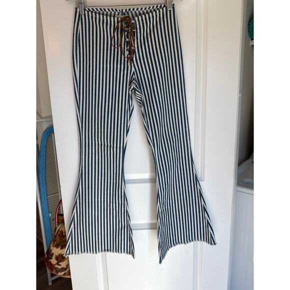 Dance & Marvel High Waist Striped Flare Pants Lace Up Blue White S - Picture 5 of 7